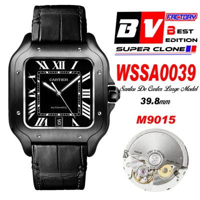 Santos WSSA0039 M9015 Automatic Mens Watch Best Edition BVF Large 39.8mm All Black Steel Dial Leather Strap