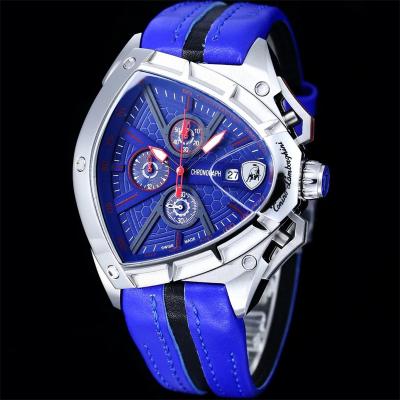 TONINO LAMBORGHINI Spyder 9001 Quartz Chronograph Mens Watch Steel Case Black Dial Blue Leather Stopwatch