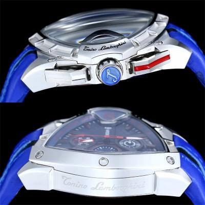 TONINO LAMBORGHINI Spyder 9001 Quartz Chronograph Mens Watch Steel Case Black Dial Blue Leather Stopwatch