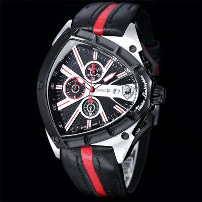 TONINO LAMBORGHINI Spyder 9006 Quartz Chronograph Mens Watch Steel Case Black Bezel Dial Red Leather Stopwatch