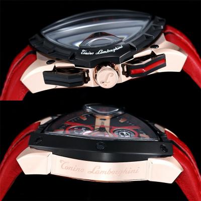 TONINO LAMBORGHINI Spyder 9004 Quartz Chronograph Mens Watch Rose Gold Black Bezel  Red Leather Stopwatch