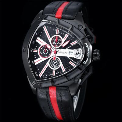 TONINO LAMBORGHINI Spyder 9002 Quartz Chronograph Mens Watch DLC Black Steel Red Dial Leather Stopwatch