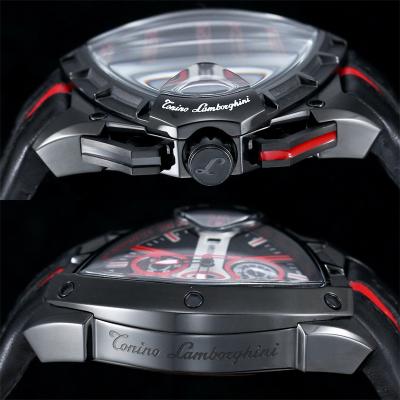 TONINO LAMBORGHINI Spyder 9002 Quartz Chronograph Mens Watch DLC Black Steel Red Dial Leather Stopwatch