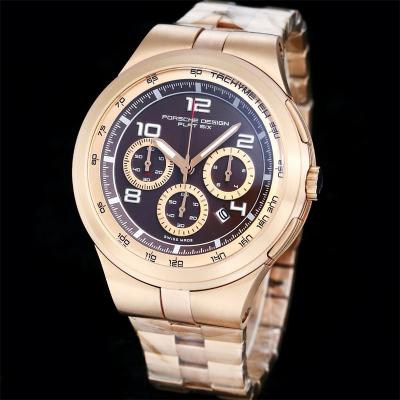 Porsche Design Chronotimer Collection Japan quartz chronograph Mens Watch Rose Gold Brown Dial SS Bracelet Stopwatch