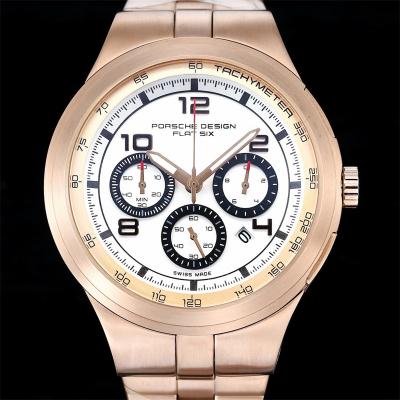 Porsche Design Chronotimer Collection Japan quartz chronograph Mens Watch Rose Gold Brown Dial SS Bracelet Stopwatch