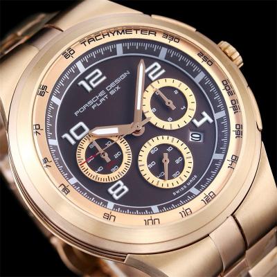 Porsche Design Chronotimer Collection Japan quartz chronograph Mens Watch Rose Gold Brown Dial SS Bracelet Stopwatch