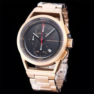 Porsche Design Chronotimer Collection Japan quartz chronograph Mens Watch Rose Gold Brown Dial SS Bracelet Stopwatch