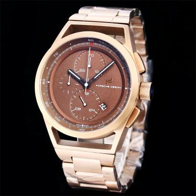 Porsche Design Chronotimer Collection Japan quartz chronograph Mens Watch Rose Gold Brown Dial SS Bracelet Stopwatch