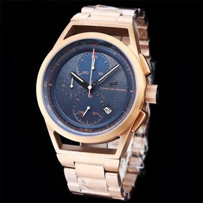 Porsche Design Chronotimer Collection Japan quartz chronograph Mens Watch Rose Gold Brown Dial SS Bracelet Stopwatch