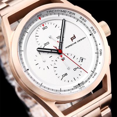 Porsche Design Chronotimer Collection Japan quartz chronograph Mens Watch Rose Gold Brown Dial SS Bracelet Stopwatch