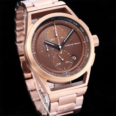 Porsche Design Chronotimer Collection Japan quartz chronograph Mens Watch Rose Gold Brown Dial SS Bracelet Stopwatch