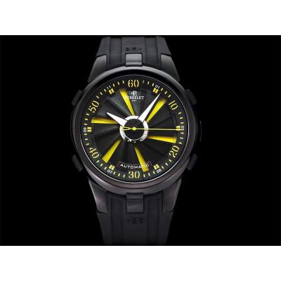 Turbine XL A1051/7 A23J Automatic Mens Watch TWF DLC All Black Yellow Rotating Dial Rubber Strap