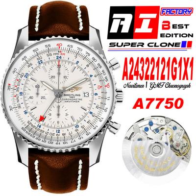 A24322121 Navitimer 1 World GMT A7750 Automatic Chronograph Mens Watch  White Dial Brown Leather Strap Best Edition