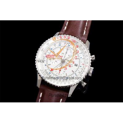 A24322121 Navitimer 1 World GMT A7750 Automatic Chronograph Mens Watch  White Dial Brown Leather Strap Best Edition