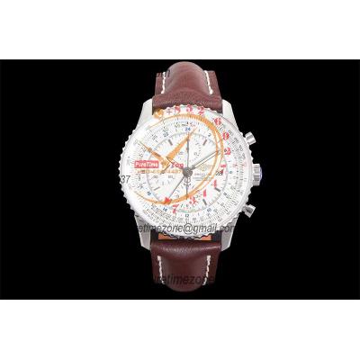 A24322121 Navitimer 1 World GMT A7750 Automatic Chronograph Mens Watch  White Dial Brown Leather Strap Best Edition