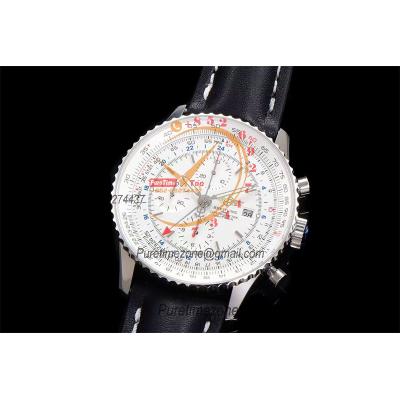 A24322121 Navitimer 1 World GMT A7750 Automatic Chronograph Mens Watch  White Dial Black Leather Strap Best Edition