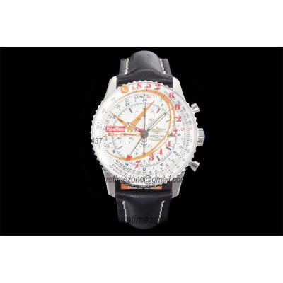 A24322121 Navitimer 1 World GMT A7750 Automatic Chronograph Mens Watch  White Dial Black Leather Strap Best Edition