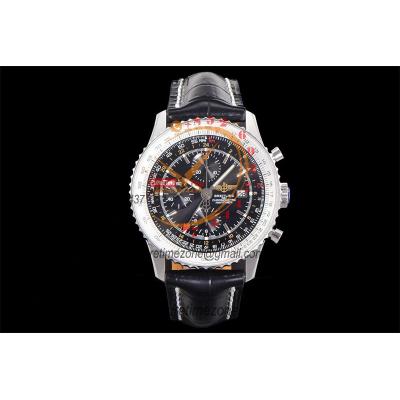 A24322121 Navitimer 1 World GMT A7750 Automatic Chronograph Mens Watch  Black Dial Leather Strap Best Edition