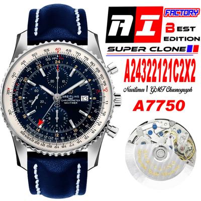 A2432212 Navitimer 1 World GMT A7750 Automatic Chronograph Mens Watch  Blue Dial Leather Strap Best Edition