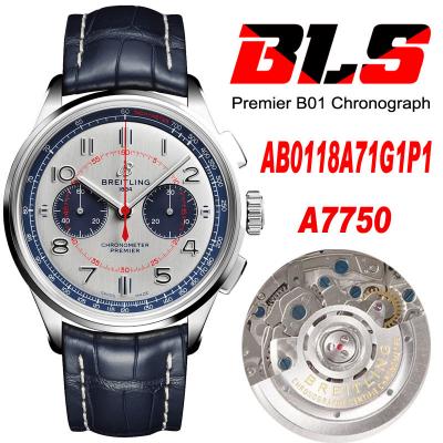 Premier B01 AB0118 A7750 Automatic Chronograph Mens Watch BLSF 42 Bentley Racing Silver Dial Leather Strap Best Edition