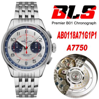 Premier B01 AB0118 A7750 Automatic Chronograph Mens Watch BLSF 42 Bentley Racing Silver Dial SS Bracelet Best Edition