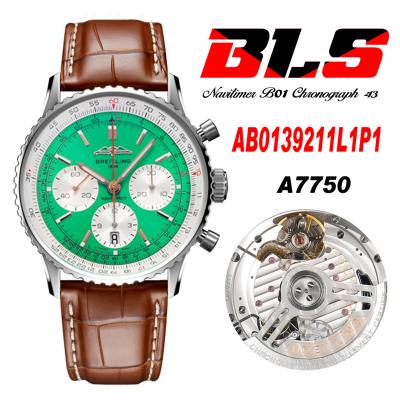 Navitimer B01 AB0139211 A7750 Automatic Chronograph Mens Watch Best Edition BLSF Green Dial Brown Leather Strap