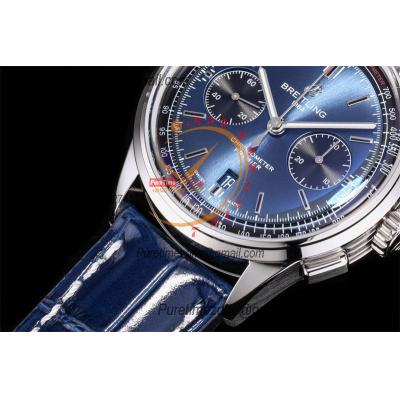 Premier B01 AB0118 A7750 Automatic Chronograph Mens Watch Best Edition BLSF Blue Dial Blue Leather Strap V2