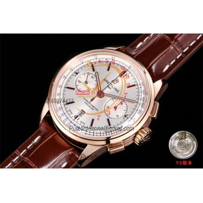 Premier B01 RB0118 A7750 Automatic Chronograph Mens Watch Best Edition BLSF Rose Gold Silver Dial Brown Leather V2