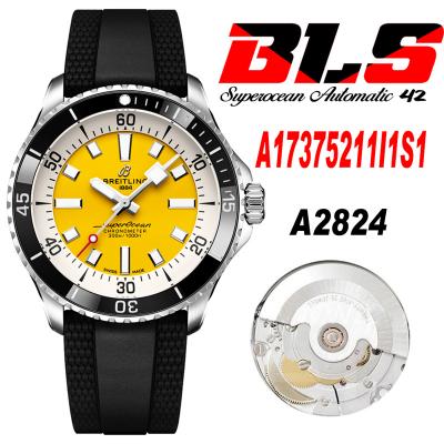 SuperOcean A17375 Automatic 42 SS A2824 Automatic Mens Watch Best Edition BLSF Yellow Dial Rubber Strap