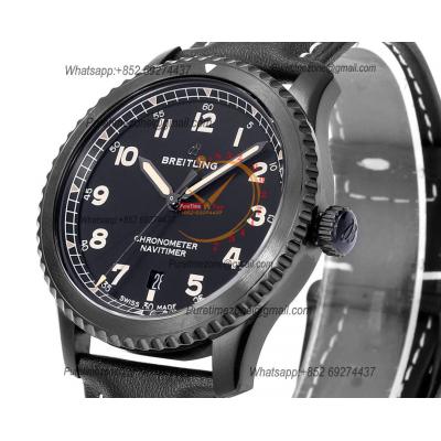 Navitimer Aviator 8 M1731410 A2824 Automatic Mens Watch Best Edition BLSF PVD Steel All Black Dial Leather Strap