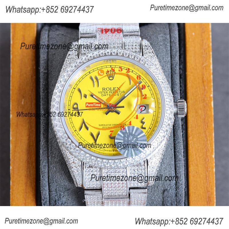 Datejust A2824 Automatic Mens Watch 41 Best Edition RRF Yellow Arabic Paved Diamonds Fully Iced Out 904L Steel Bracelet