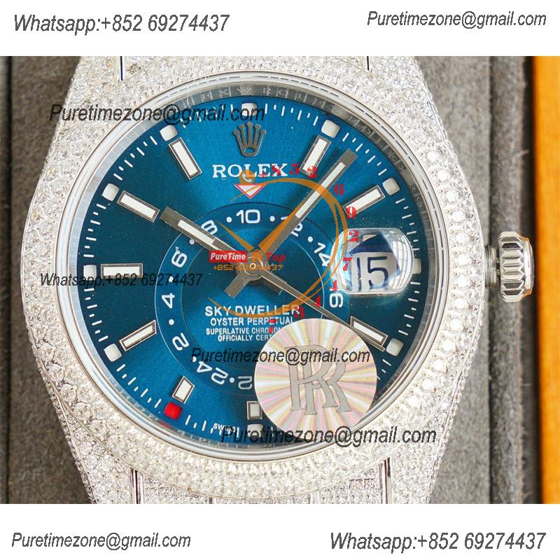 Sky-Dweller Miyota Automatic Mens Watch 42mm Best Edition RRF Diamond Bezel Blue Dial Fully Iced Out 904L Steel Bracelet