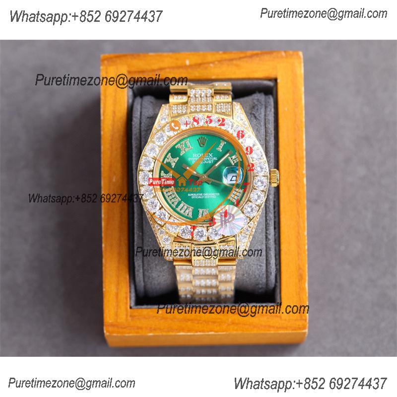 Datejust A23J Automatic Mens Watch Best Edition RRF YG Big Diamond Beze Green Roman DM Dial Diamonds 904L Steel Bracelet