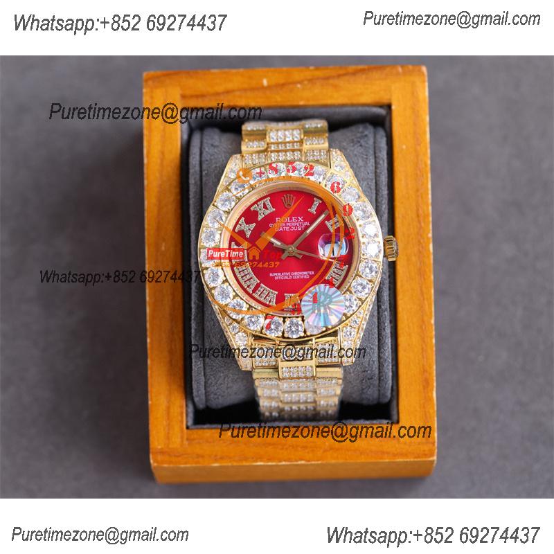 Datejust A23J Automatic Mens Watch Best Edition RRF YG Big Diamond Beze Red Roman DM Dial Diamonds 904L Steel Bracelet