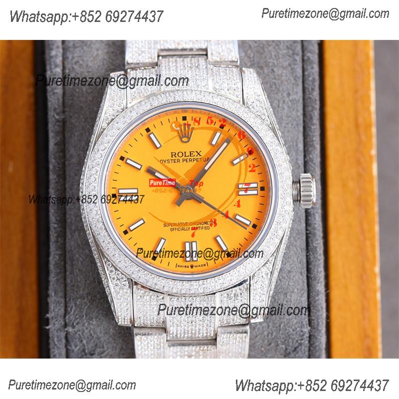 Datejust A23J Automatic Womens Watch Best Edition RRF 36 Paved Diamonds Yellow Stick Dial Ice Out  904L Steel Bracelet