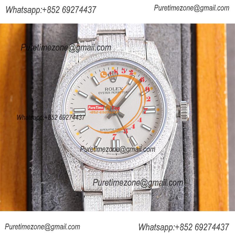 Datejust A23J Automatic Womens Watch Best Edition RRF 36 Paved Diamonds Gray Stick Dial Ice Out  904L Steel Bracelet