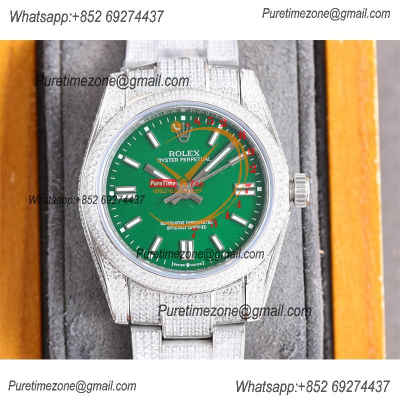 Datejust A23J Automatic Womens Watch Best Edition RRF 36 Paved Diamonds Green Stick Dial Ice Out  904L Steel Bracelet