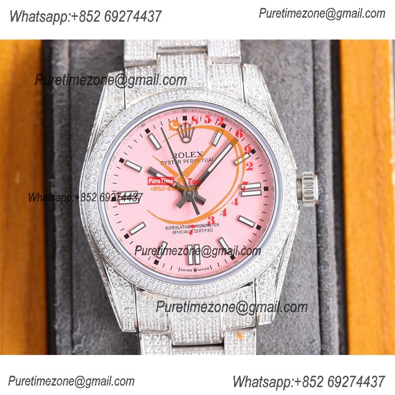 Datejust A23J Automatic Womens Watch Best Edition RRF 36 Paved Diamonds Pink Stick Dial Ice Out  904L Steel Bracelet