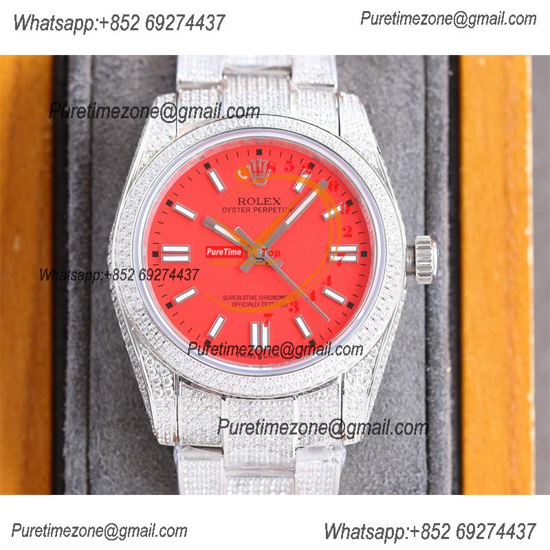 Datejust A23J Automatic Womens Watch Best Edition RRF 36 Paved Diamonds Red Stick Dial Ice Out  904L Steel Bracelet