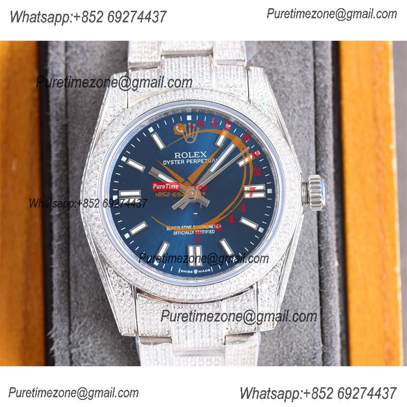 Datejust A23J Automatic Womens Watch Best Edition RRF 36 Paved Diamonds Blue Stick Dial Ice Out  904L Steel Bracelet