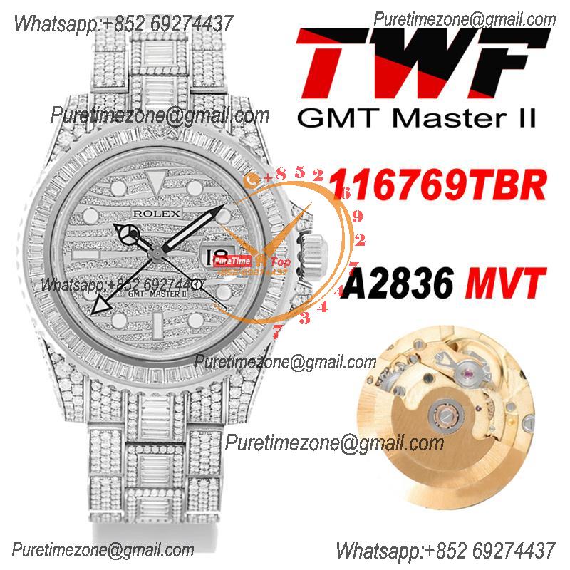 GMT Master II  A2836 Automatic Mens Watch Best Edition RRF 40 Full Paved Diamonds Dial Ice Out  904L Steel Bracelet