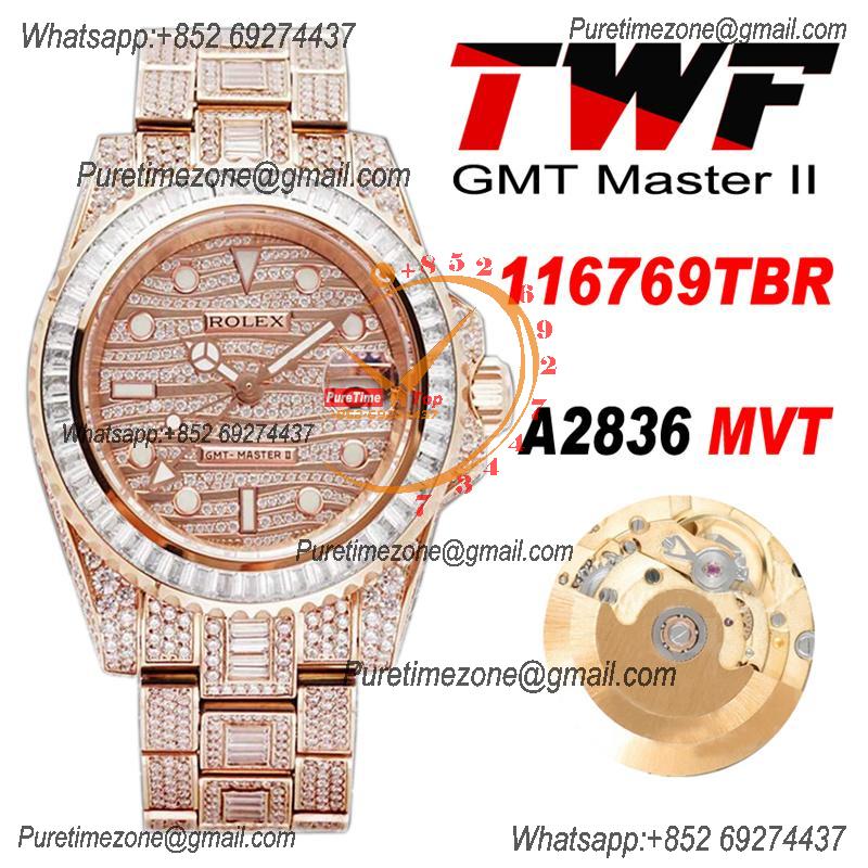 GMT Master II  A2836 Automatic Mens Watch Best Edition RRF 40 RG Full Paved Diamonds Dial Ice Out  904L Steel Bracelet