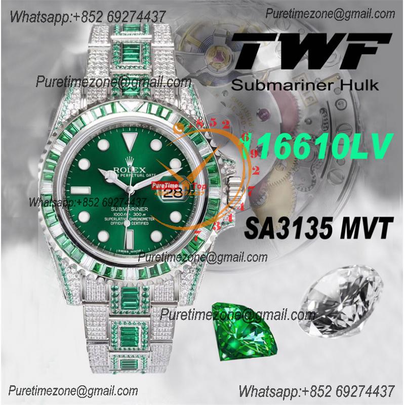 Submariner SA3135 Automatic Mens Watch Best Edition TWF Square Green Gemstone Bezel Ice Out 904L Steel Bracelet