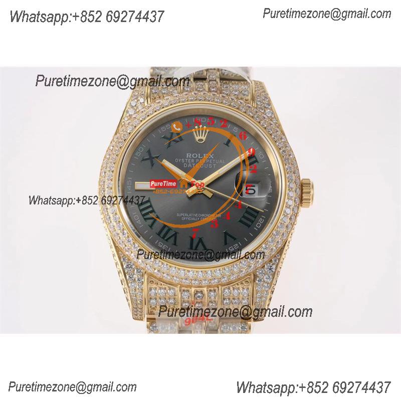 Datejust A3235 Automatic Mens Watch Best Edition TWF Wimbledon YG Paved Diaomond Gray Roman Dial 904L Steel Bracelet