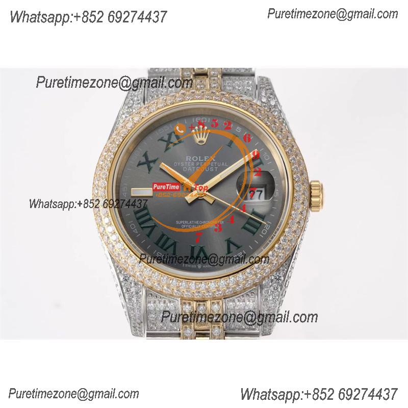 Datejust A3235 Automatic Mens Watch Best Edition TWF Wimbledon TTYG Paved Diaomond Gray Roman Dial 904L Steel Bracelet