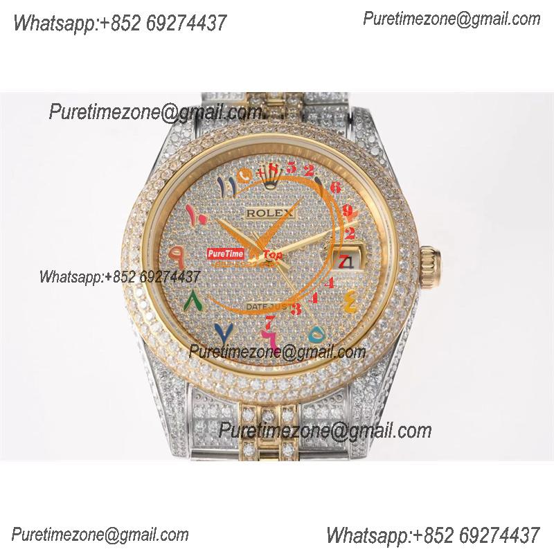 Datejust A3235 Automatic Mens Watch Best Edition TWF TTYG Paved Diaomond Color Arabic Dial Ice Out 904L Steel Bracelet