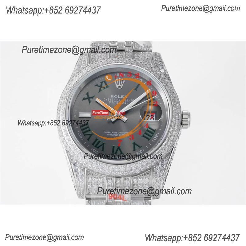 Datejust A3235 Automatic Mens Watch Best Edition TWF Wimbledon YG Paved Diaomond Gray Roman Dial 904L Steel Bracelet