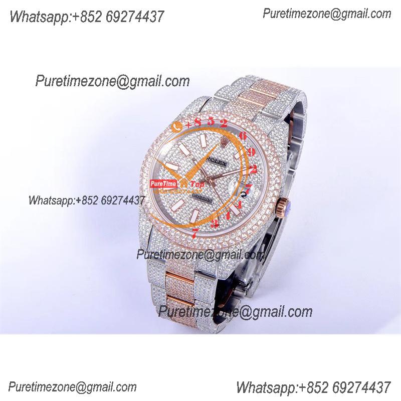 Datejust A2824 Automatic Mens Watch Best Edition TWF TTRG Paved Diaomond Stick Dial Fully Ice Out 904L Steel Bracelet