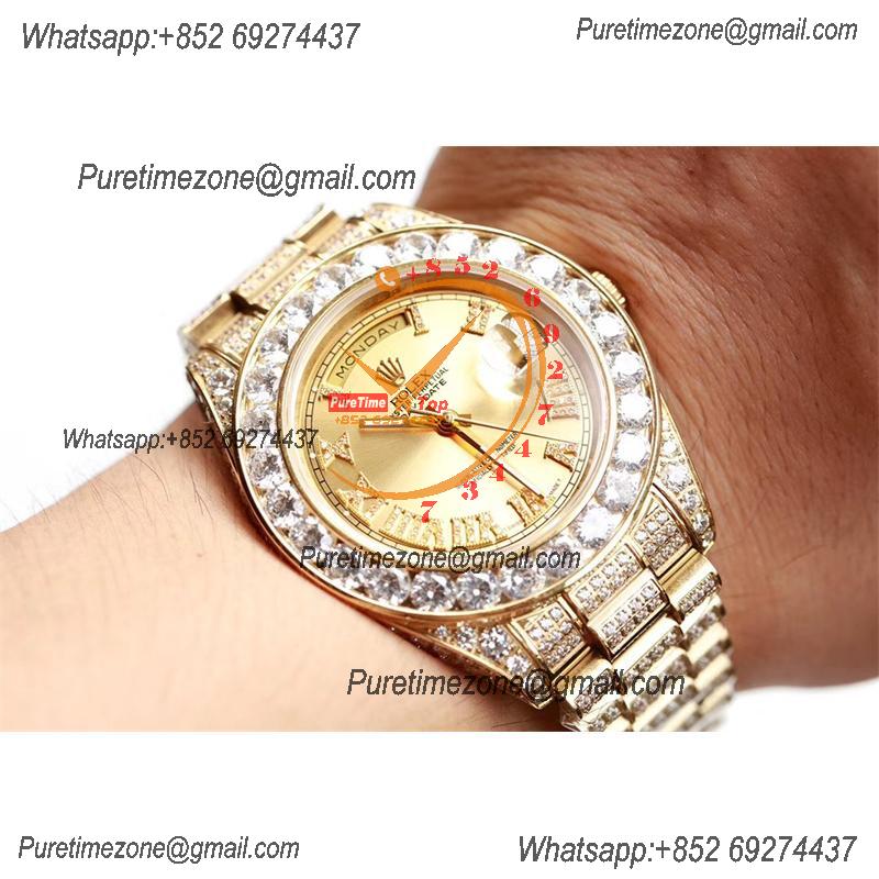 Daydate A21J Automatic Mens Watch Best Edition TWF YG Paved Diaomond Gold Roman Dial Ice Out 904L Steel Bracelet