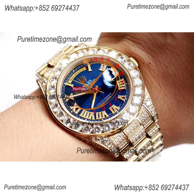 Daydate A21J Automatic Mens Watch Best Edition TWF YG Paved Diaomond Blue Roman Dial Ice Out 904L Steel Bracelet